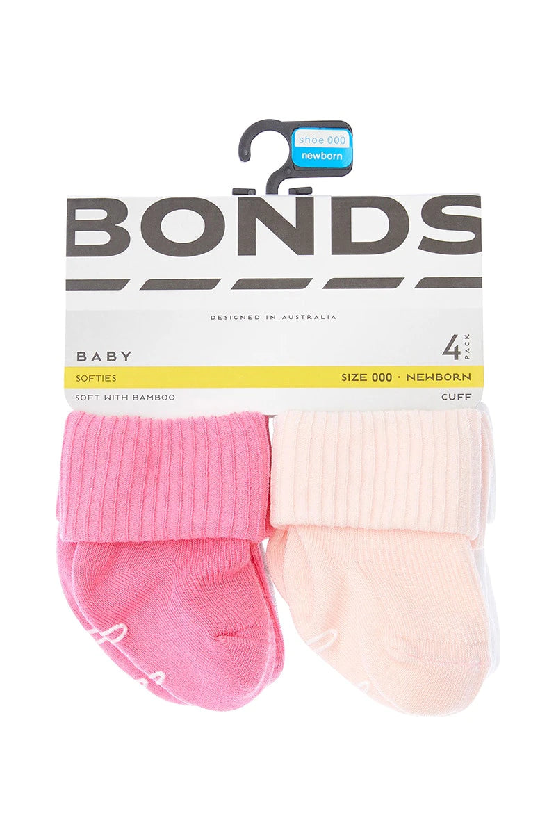 4 Pack Softies Pink Cuff Socks with Bamboo